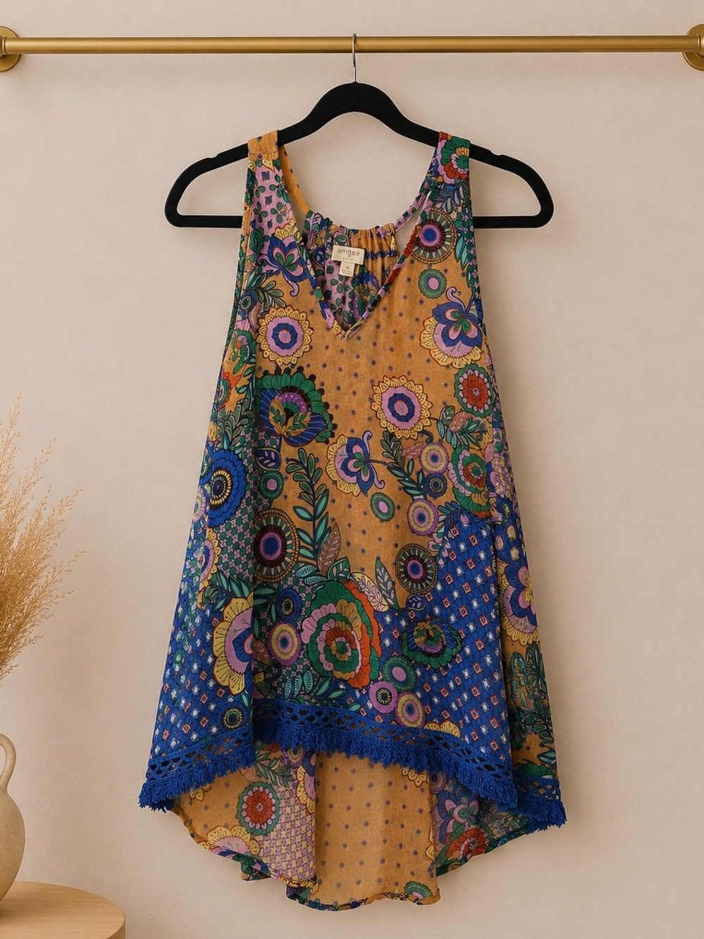 Umgee Mustard & Royal Blue Floral Boho Sleeveless Tunic